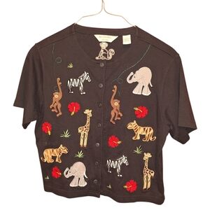 Vintage Embroidered Patches Zoo Animals Crop Top Ladies PM Tiger Giraffe Monkey